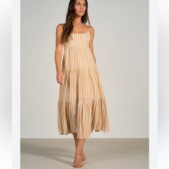 Elan Dresses & Skirts - Elan Tan White Sassy Stripe Linen Blend Spaghetti Strap Back Tie Maxi Dress NWT